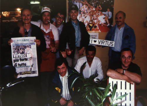 Group of members for to celebrate the victory of the VIRTUS BOLOGNA basket team...